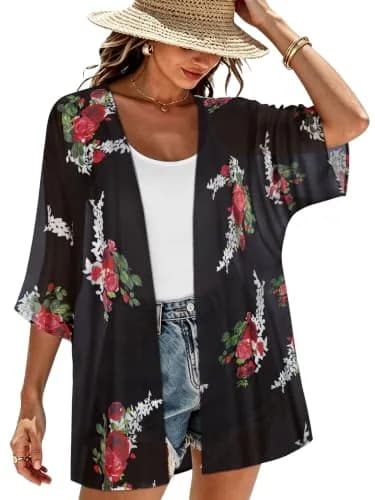 CHICGAL Women's Floral Kimono Cardigan Cover Up Casual Tops,Black Floral,S thumbnail 1