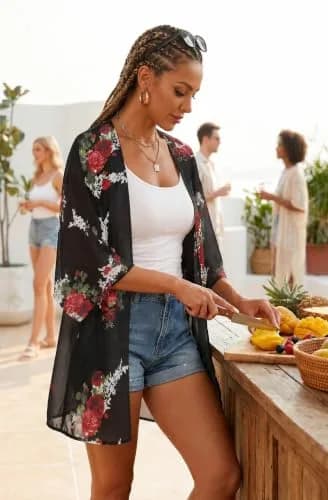 CHICGAL Women's Floral Kimono Cardigan Cover Up Casual Tops,Black Floral,S thumbnail 5