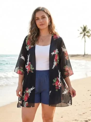 CHICGAL Women's Floral Kimono Cardigan Cover Up Casual Tops,Black Floral,S thumbnail 6