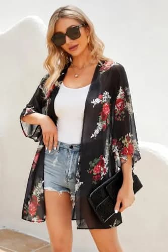 CHICGAL Women's Floral Kimono Cardigan Cover Up Casual Tops,Black Floral,S thumbnail 2