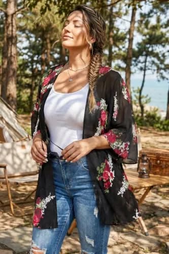 CHICGAL Women's Floral Kimono Cardigan Cover Up Casual Tops,Black Floral,S thumbnail 4