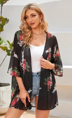 CHICGAL Women's Floral Kimono Cardigan Cover Up Casual Tops,Black Floral,M thumbnail 3