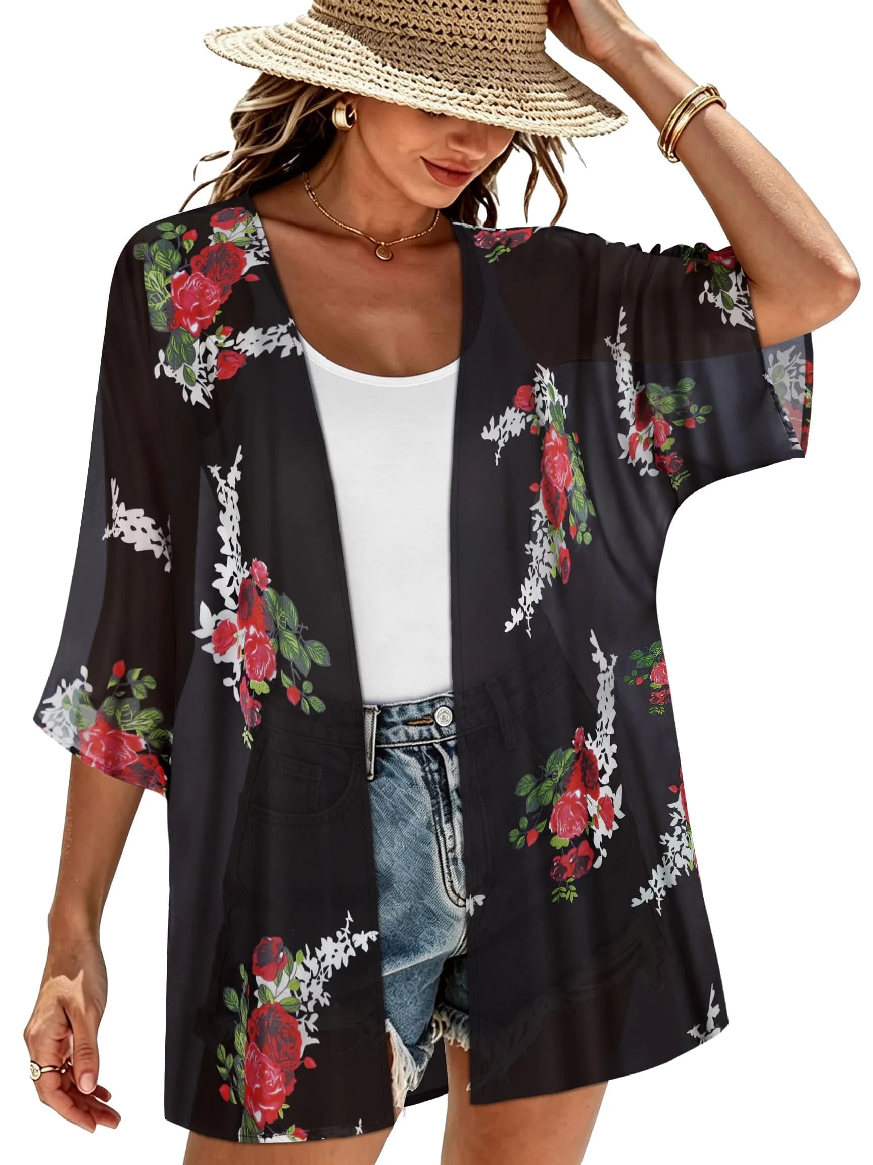 CHICGAL Women's Floral Kimono Cardigan Cover Up Casual Tops,Black Floral,M — A Black Floral / Large