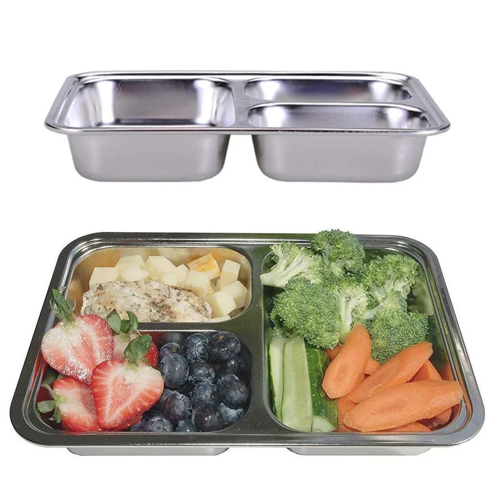 AIYoo Set of 2 Stainless Steel Divided Plates Tray 3 Sections 9.5 inch | Unbreakable Metal Plate for Adults