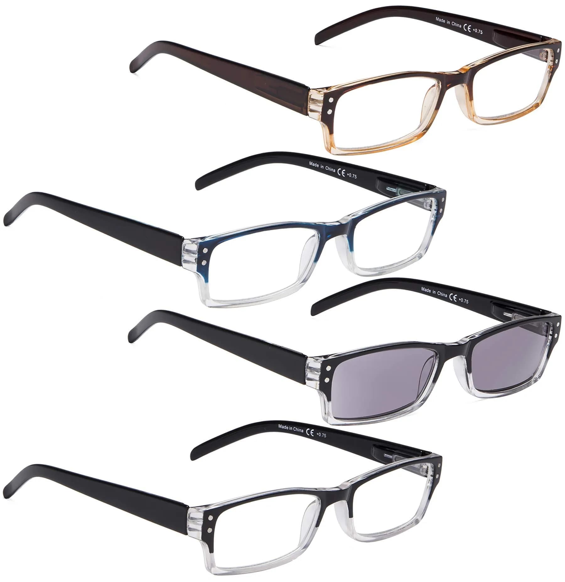 LUR Reading Glasses 4 Pack Include Sun Readers | Classic Fashion Frames for Men & Women