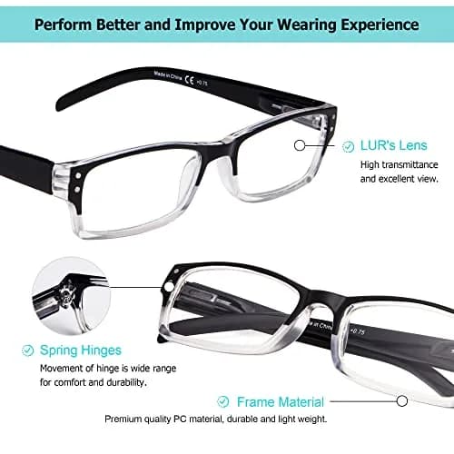 LUR Reading Glasses 4 Pack Include Sun Readers | Classic Fashion Frames for Men & Women thumbnail 3