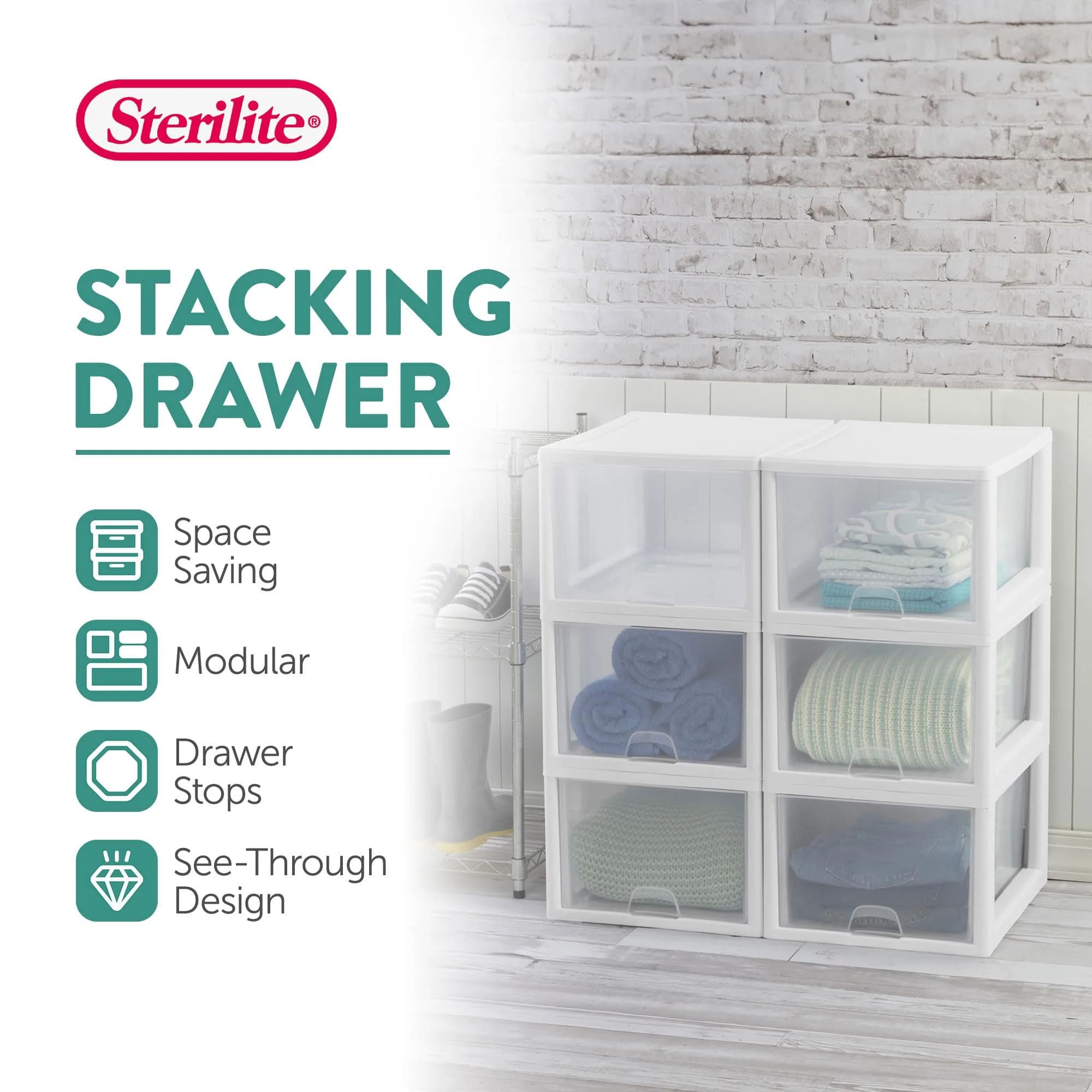 Sterilite Stacking Drawer Storage Organizer for Clothes, 27 Quart (764ml) - 12 Pack | Modular & Stackable for Home & Office - view 2