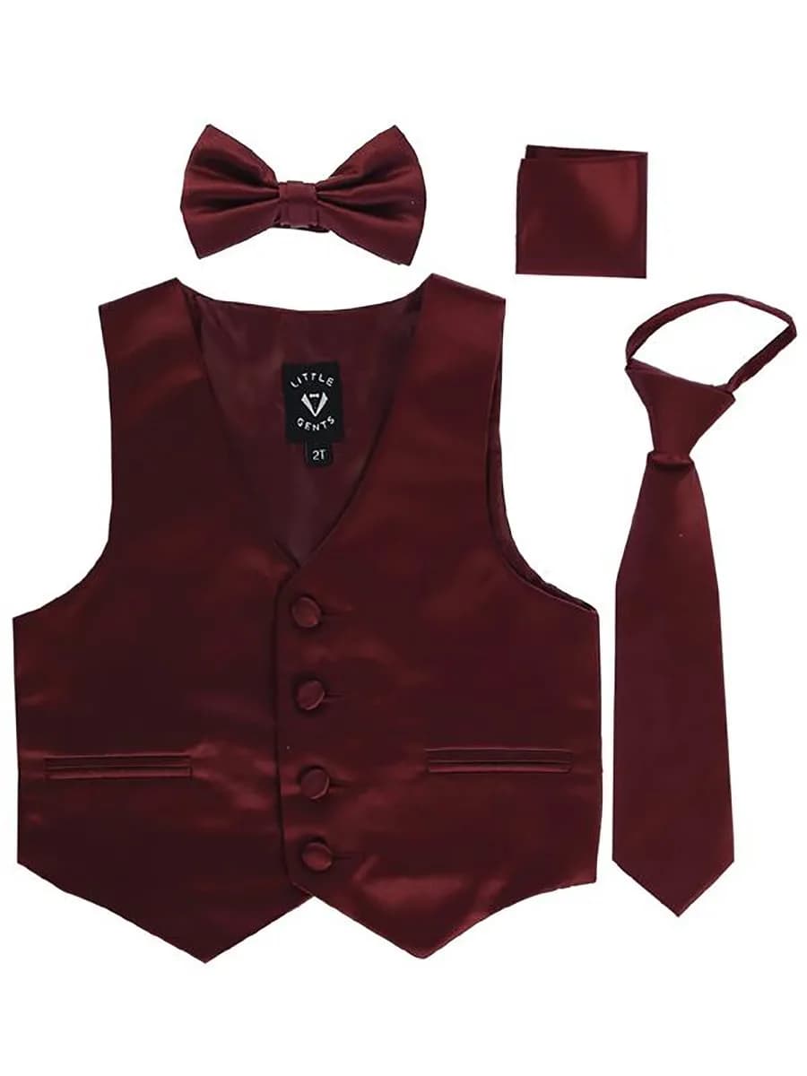 iGirlDress Burgundy Little Boys 4 Piece Formal Satin Vest Set | Satin, Classic Fit, 7