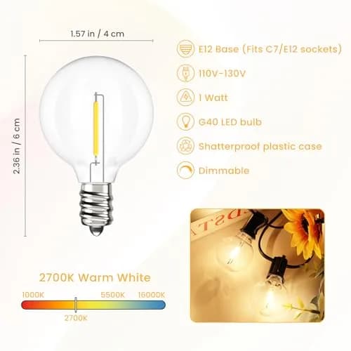 Svater G40 LED Replacement Bulbs for Outdoor String Lights, 25 Pack | Dimmable Shatterproof Globe Bulbs, E12/C7 Screw Base, Warm White 2700K thumbnail 2