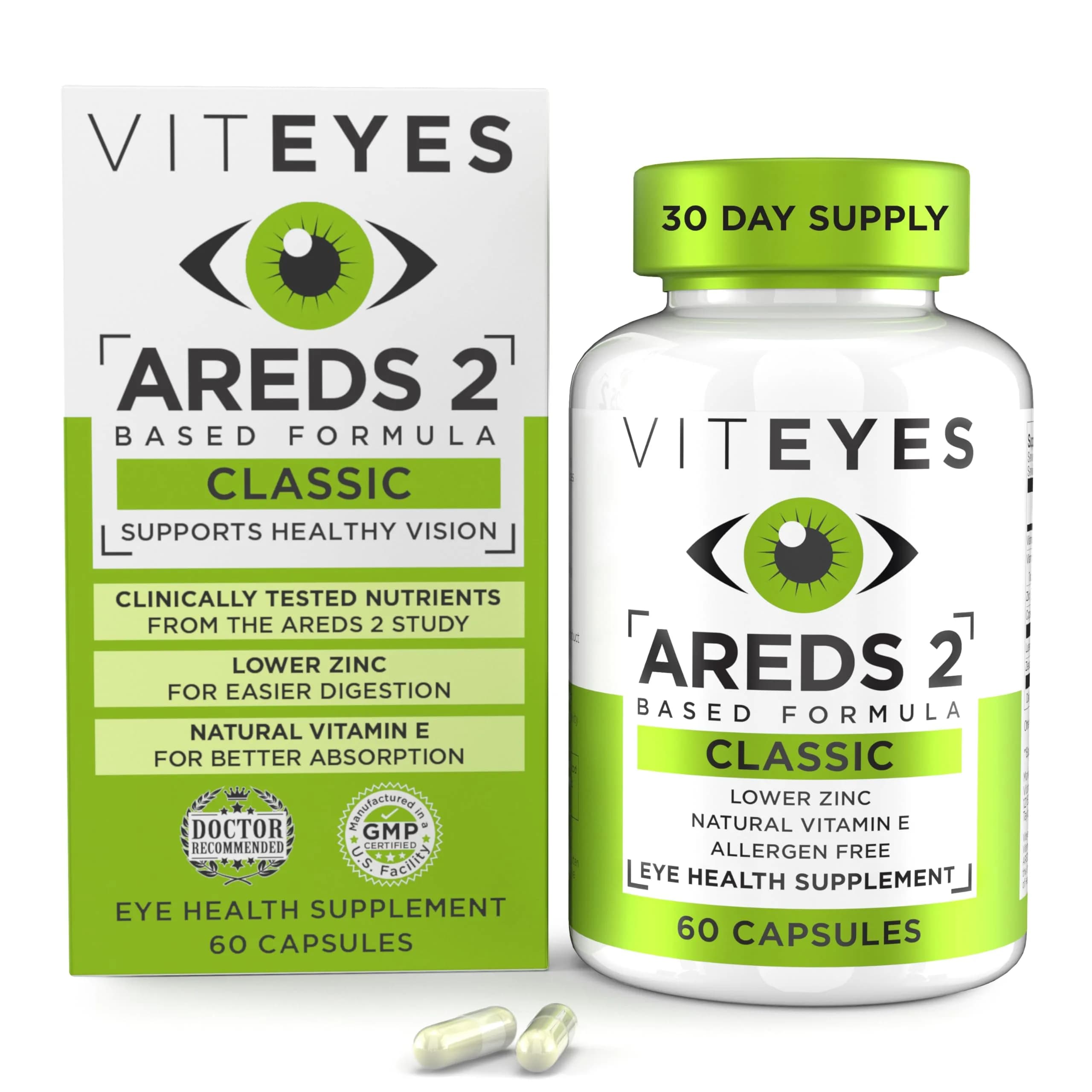 Viteyes AREDS 2 Eye Vitamins, Classic Macular Support, 60 Capsules | Allergen Free, Natural Vitamins for Eye Health — Classic Capsule