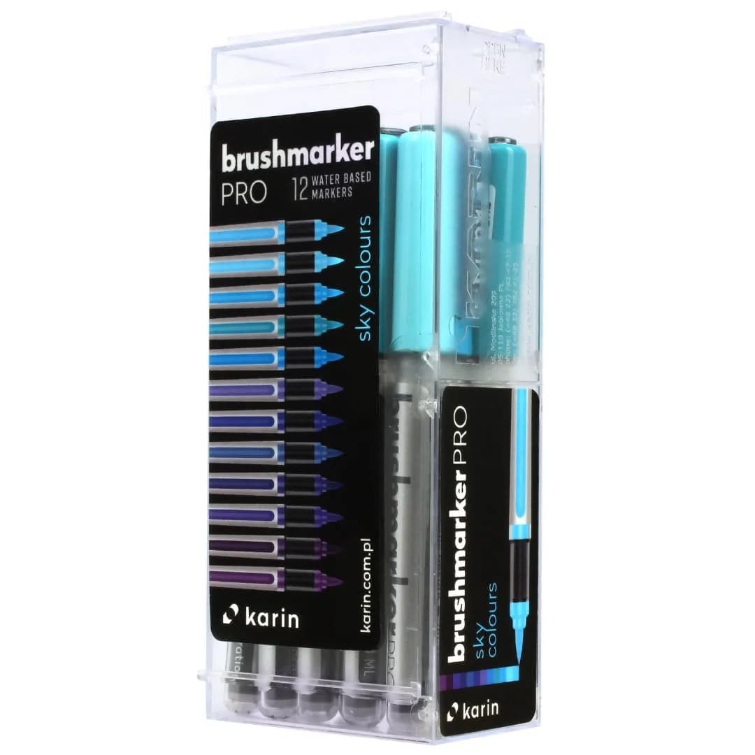 Karin Brushmarker Pro 12pc Basic Colors Brush Tip Markers Set | Blendable Water-Based Professional Grade Markers for Adults and Artists — Sky