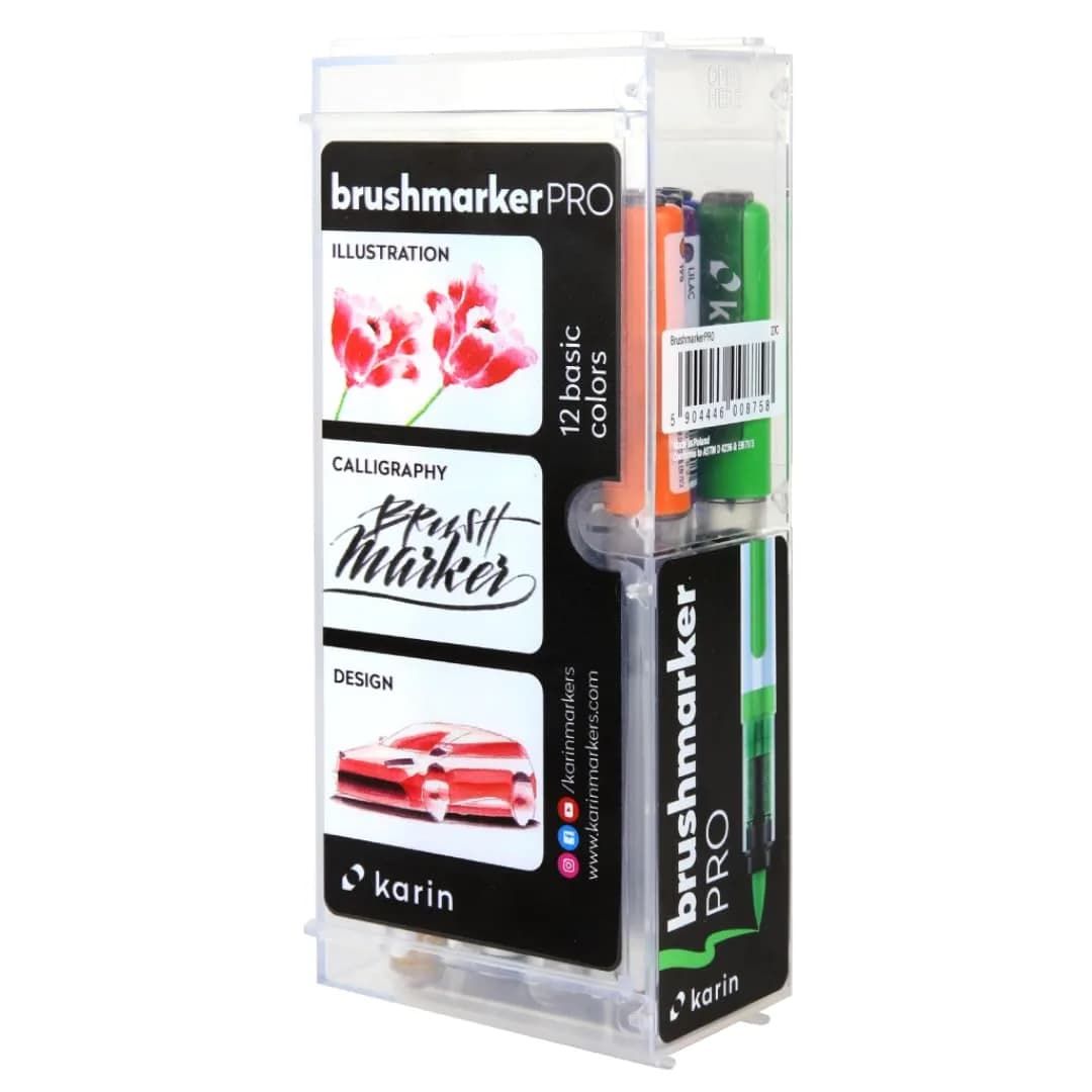 Karin Brushmarker Pro 12pc Basic Colors Brush Tip Markers Set | Blendable Water-Based Professional Grade Markers for Adults and Artists — Assorted