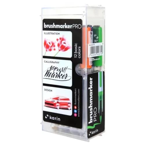 Karin Brushmarker Pro 12pc Basic Colors Brush Tip Markers Set | Blendable Water-Based Professional Grade Markers for Adults and Artists thumbnail 1