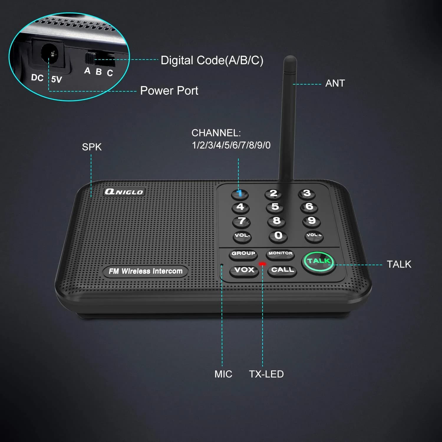 QNIGLO Wireless Intercom System | 5280 Ft Long Range, 10 Channels, VOX Hands-Free - view 7