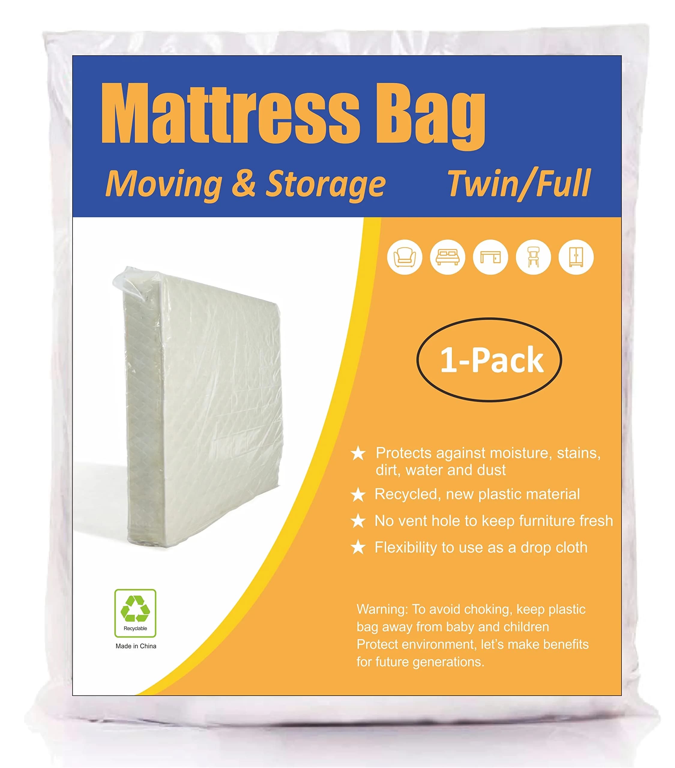 ComfortHome Mattress Bag for Moving and Storage, 4 Mil Extra Thick, Twin and Full Size | Heavy Duty Mattress Cover — Twin/Full / 4 Mil (1-Pack)