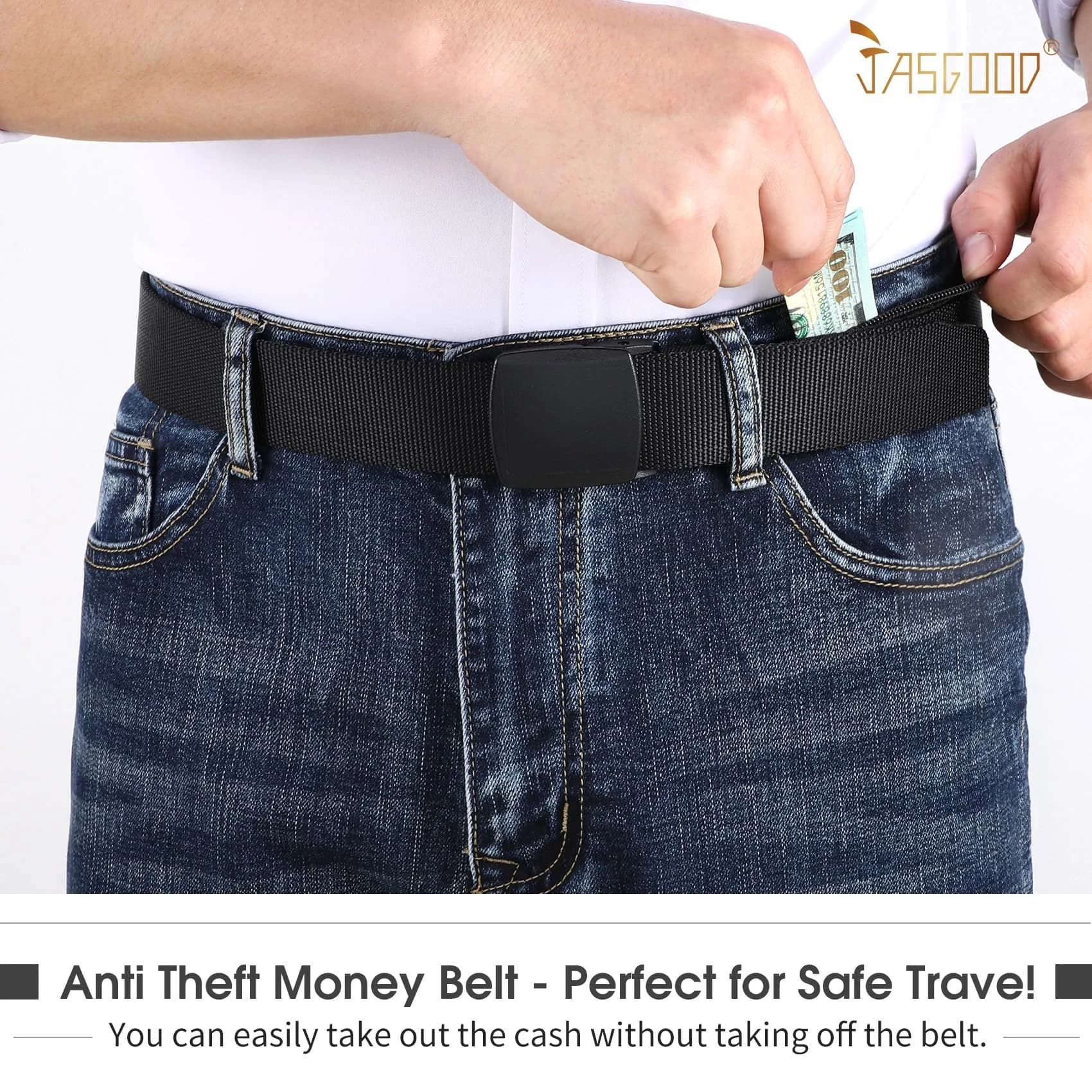 JASGOOD Black Travel Security Money Belt with Hidden Pocket - Fits Pant Sizes 44-50" - view 3