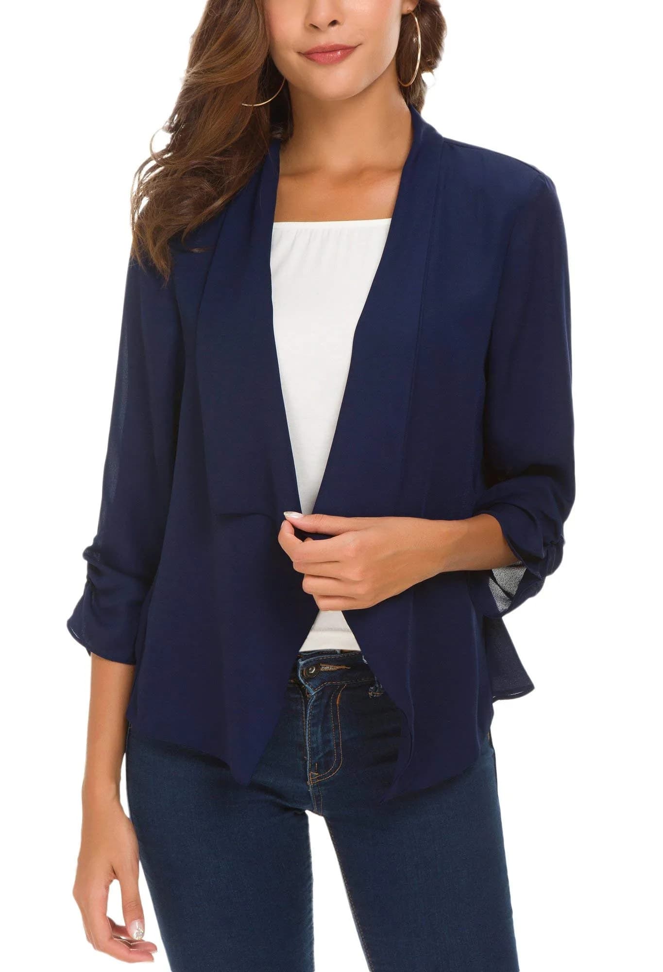 Urban CoCo Women's Ruched Sleeve Lightweight Thin Chiffon Blazer (L, Navy Blue) | Breathable & Classy