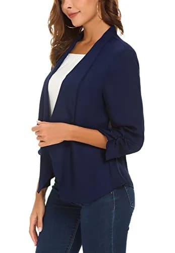 Urban CoCo Women's Ruched Sleeve Lightweight Thin Chiffon Blazer (L, Navy Blue) | Breathable & Classy thumbnail 4