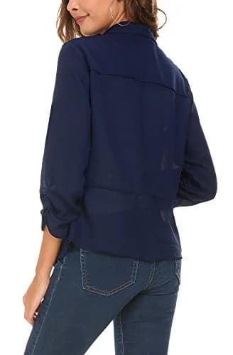 Urban CoCo Women's Ruched Sleeve Lightweight Thin Chiffon Blazer (L, Navy Blue) | Breathable & Classy thumbnail 5