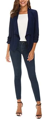 Urban CoCo Women's Ruched Sleeve Lightweight Thin Chiffon Blazer (L, Navy Blue) | Breathable & Classy thumbnail 6
