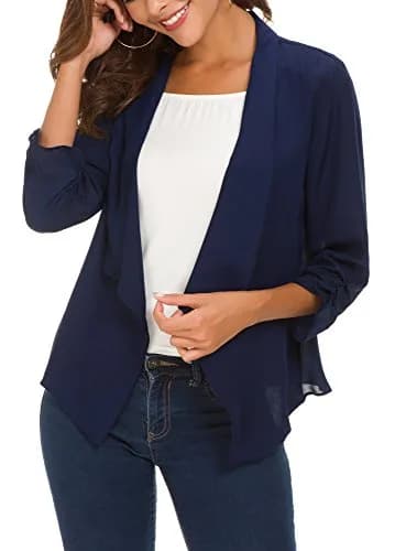 Urban CoCo Women's Ruched Sleeve Lightweight Thin Chiffon Blazer (L, Navy Blue) | Breathable & Classy thumbnail 2