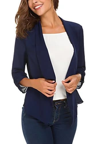 Urban CoCo Women's Ruched Sleeve Lightweight Thin Chiffon Blazer (L, Navy Blue) | Breathable & Classy thumbnail 3