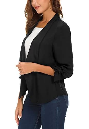 Urban CoCo Women's Ruched Sleeve Lightweight Thin Chiffon Blazer (S, Black) | Breathable & Stylish thumbnail 4