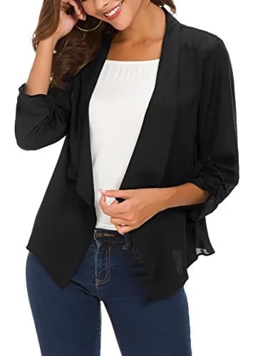 Urban CoCo Women's Ruched Sleeve Lightweight Thin Chiffon Blazer (S, Black) | Breathable & Stylish thumbnail 2