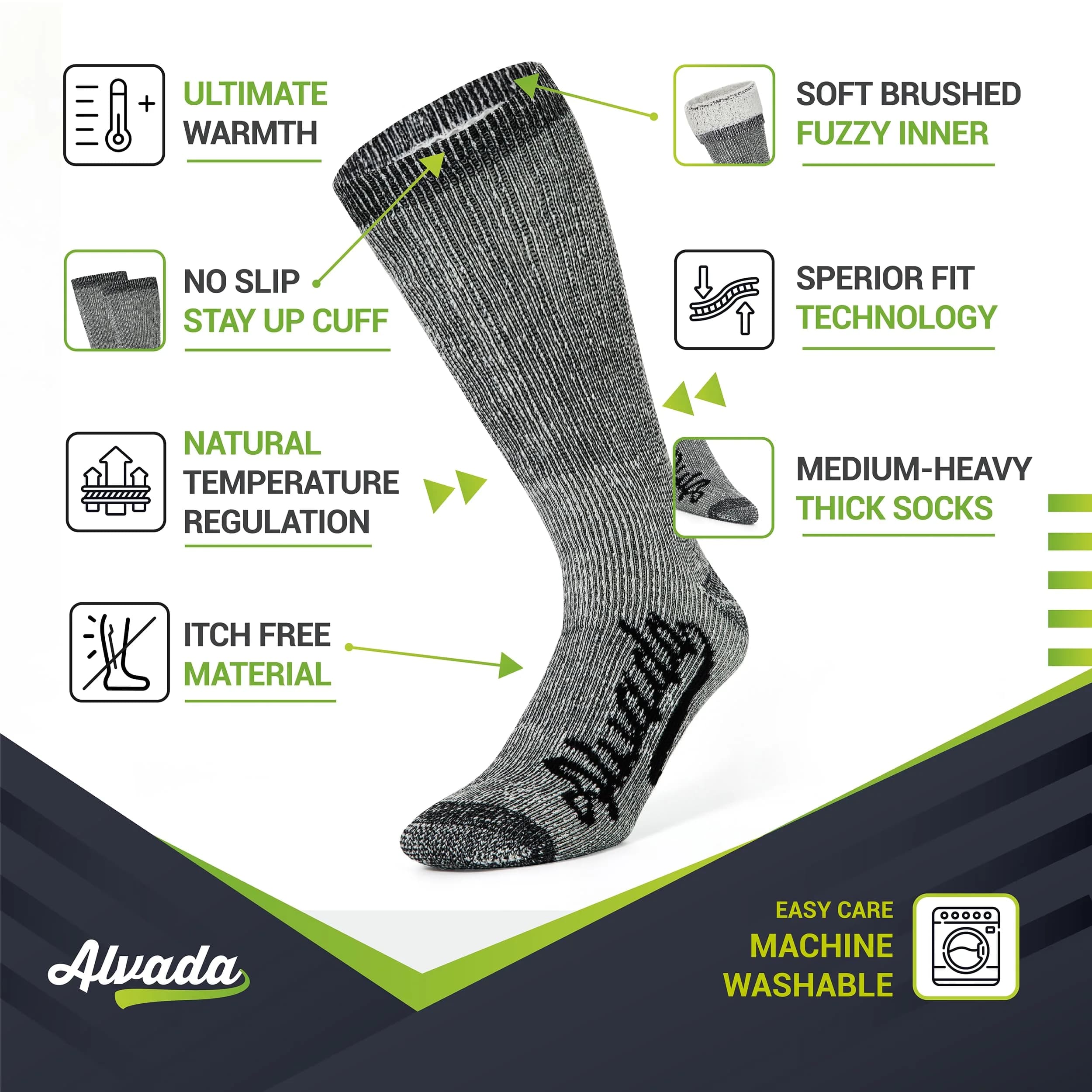 Alvada Merino Wool Hiking Socks Thermal Warm Crew Winter Boot Sock 3 Pairs SM - view 2