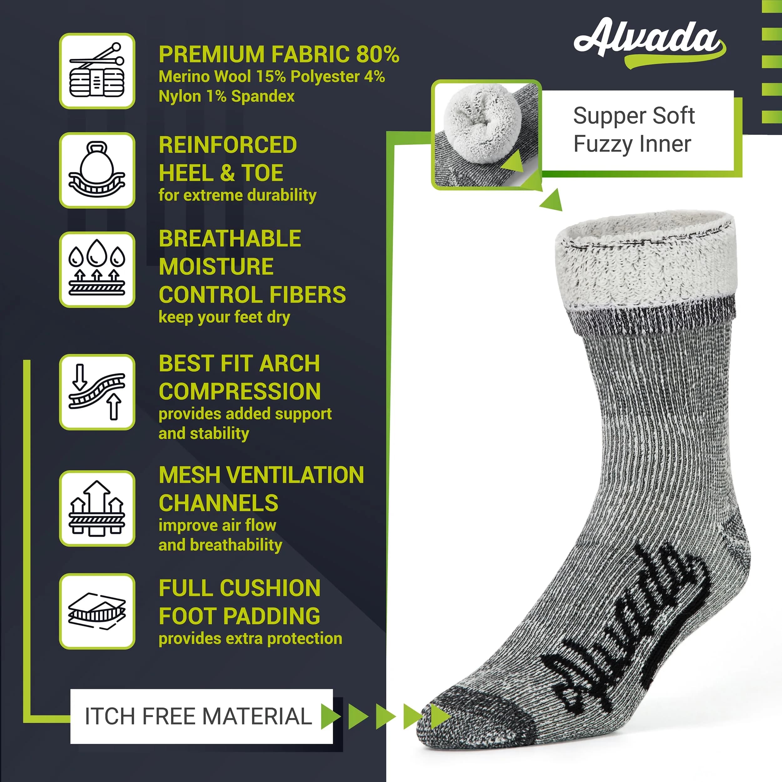 Alvada Merino Wool Hiking Socks Thermal Warm Crew Winter Boot Sock 3 Pairs SM - view 3