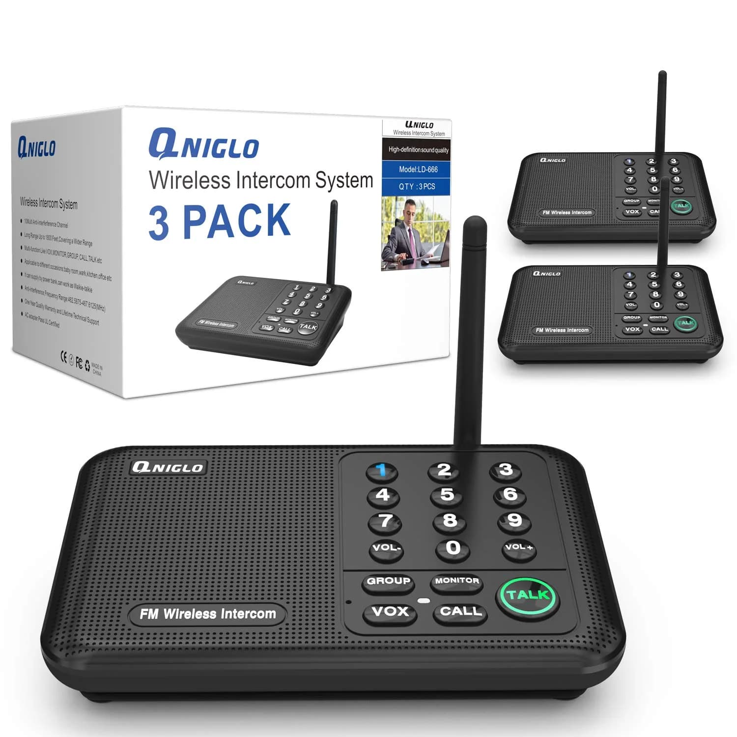 QNIGLO Wireless Intercom System 3 Stations | 5280ft Long Range, 10 Channels, VOX Hands-Free - main product image