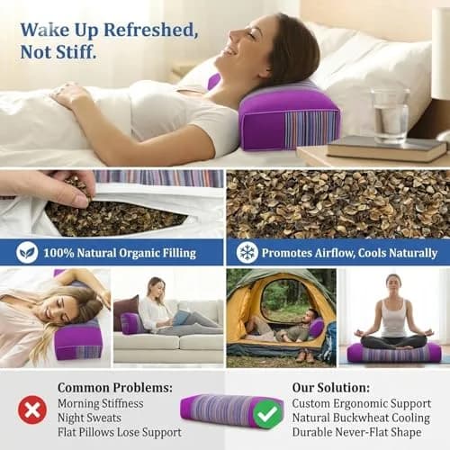JOERRES Buckwheat Hull Pillow for Neck Pain Relief | Organic, Adjustable Support, 20x9 Inch thumbnail 5