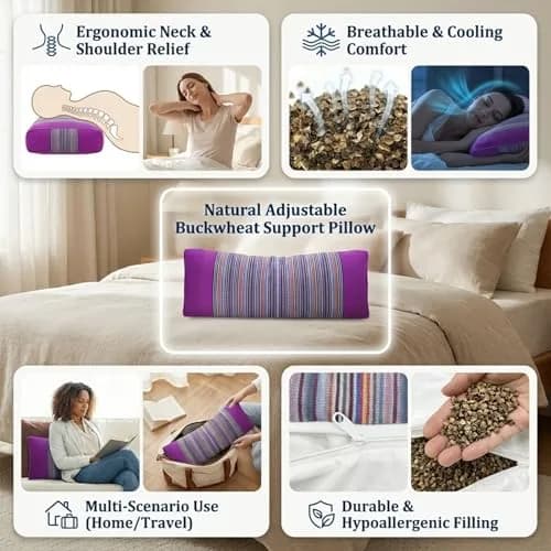 JOERRES Buckwheat Hull Pillow for Neck Pain Relief | Organic, Adjustable Support, 20x9 Inch thumbnail 2