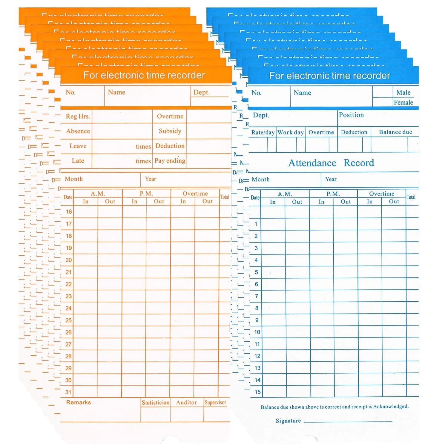 Flexzion Monthly Time Cards 270 Pack | 7.4 x 3.3 Inch Blue/Orange 6-Column Electronic Time Clock Cards - view 5