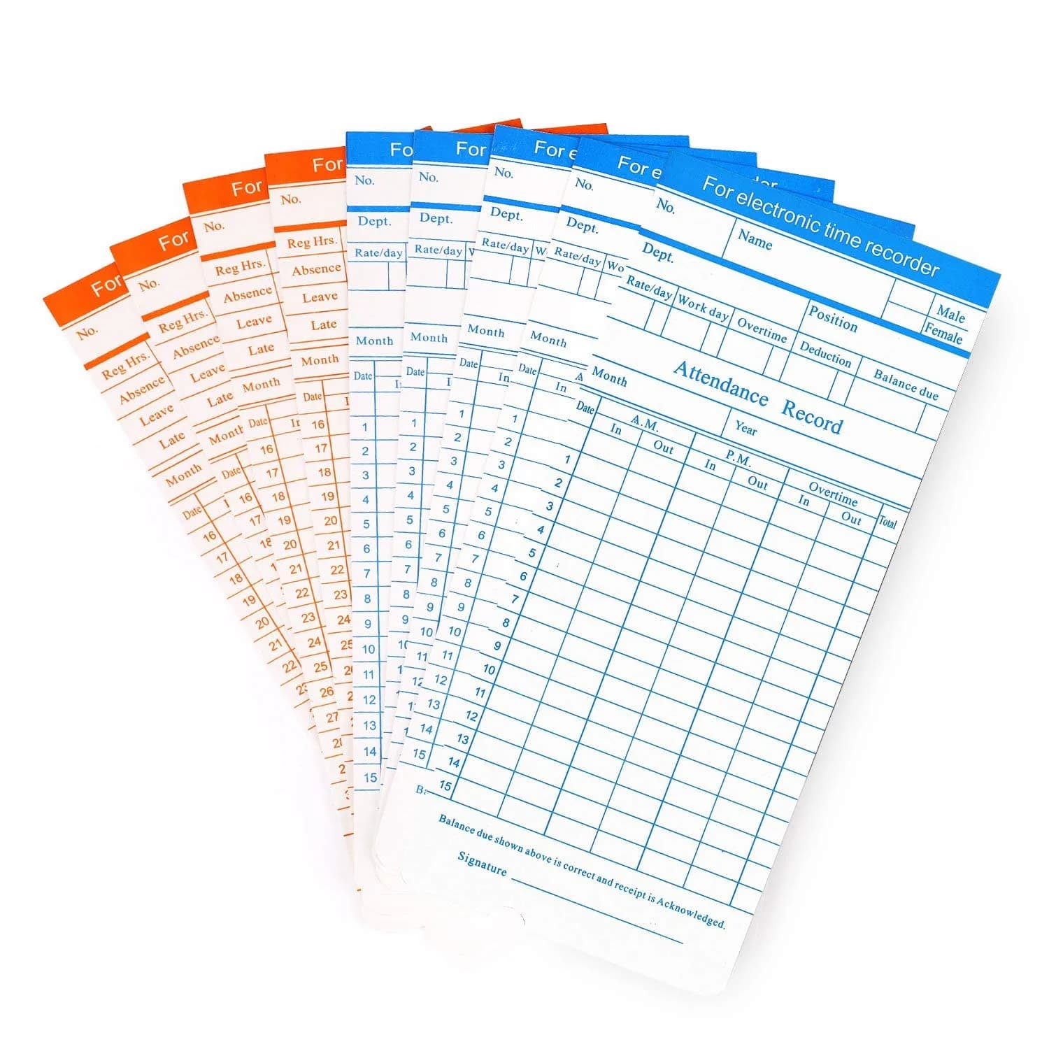 Flexzion Monthly Time Cards 270 Pack | 7.4 x 3.3 Inch Blue/Orange 6-Column Electronic Time Clock Cards - main product image
