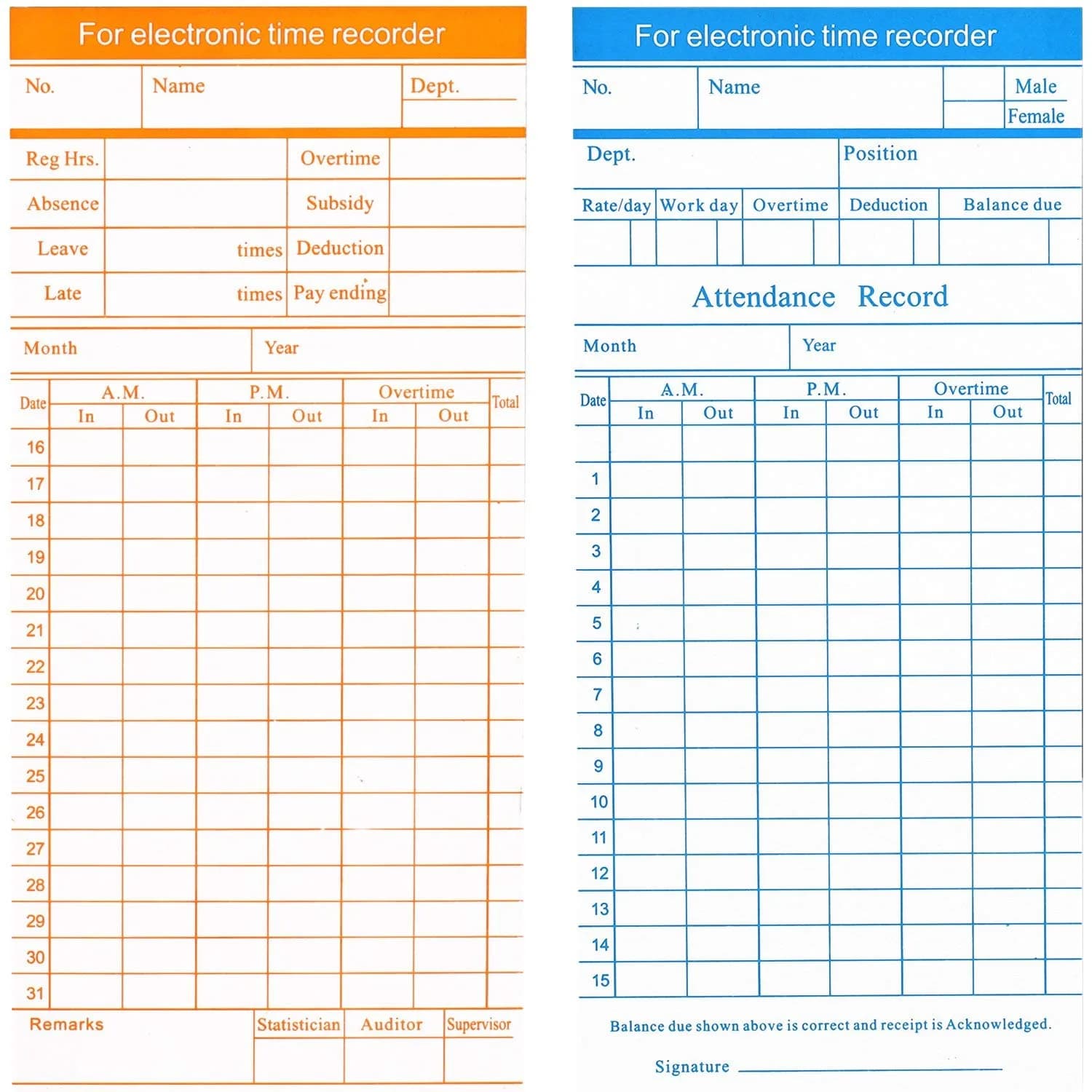 Flexzion Monthly Time Cards 270 Pack | 7.4 x 3.3 Inch Blue/Orange 6-Column Electronic Time Clock Cards - view 2