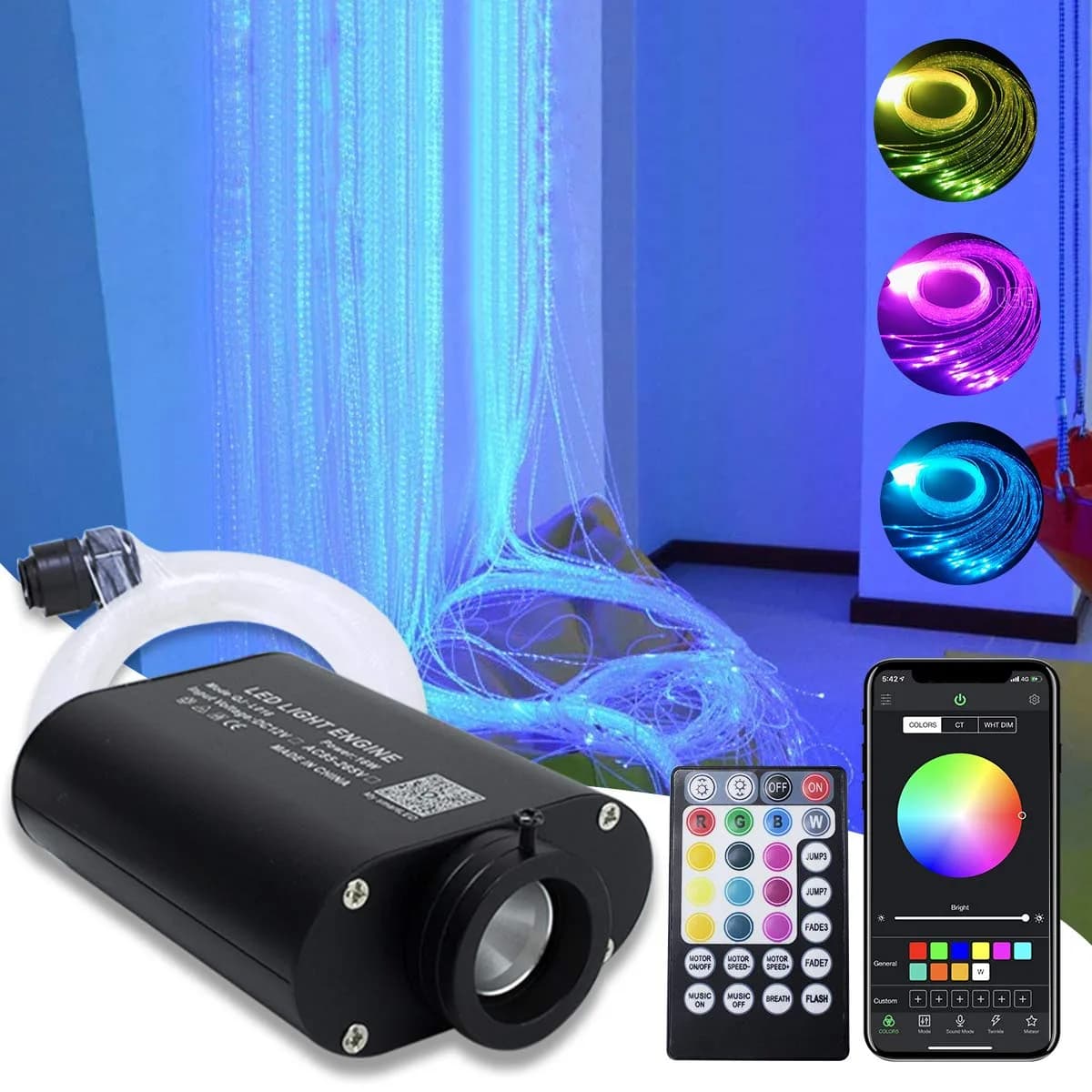 AMKI 16W RGBW Fiber Optic Curtain Light Kit 4m (13.1ft) | Sound Activated Waterfall Effect