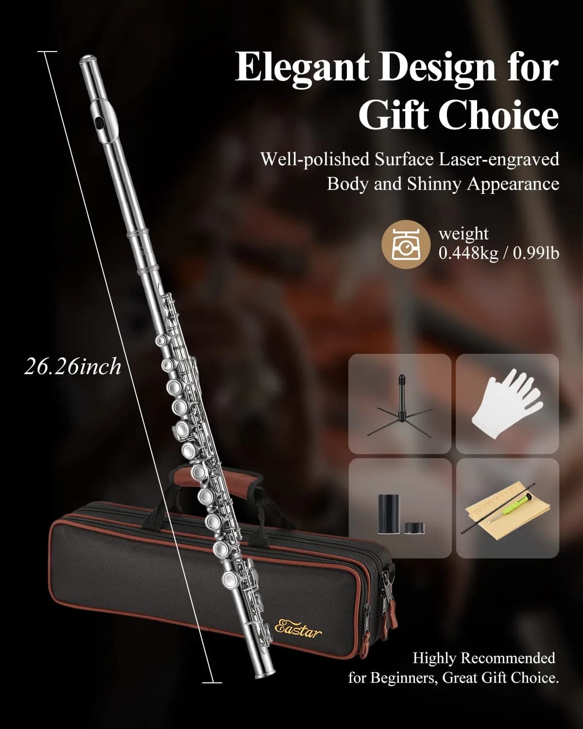 Eastar Closed Hole 16 Keys Flute for Beginner Kids Student with Cleaning Kit, Stand, Case, Gloves, Tuning Rod, Nickel, EFL-1 - view 6