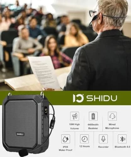 SHIDU Voice Amplifier for Teacher with Portable Microphone Waterproof | 18W Bluetooth Speaker, 4400mAh Battery, IPX5 Waterproof, Microphone Headset thumbnail 2