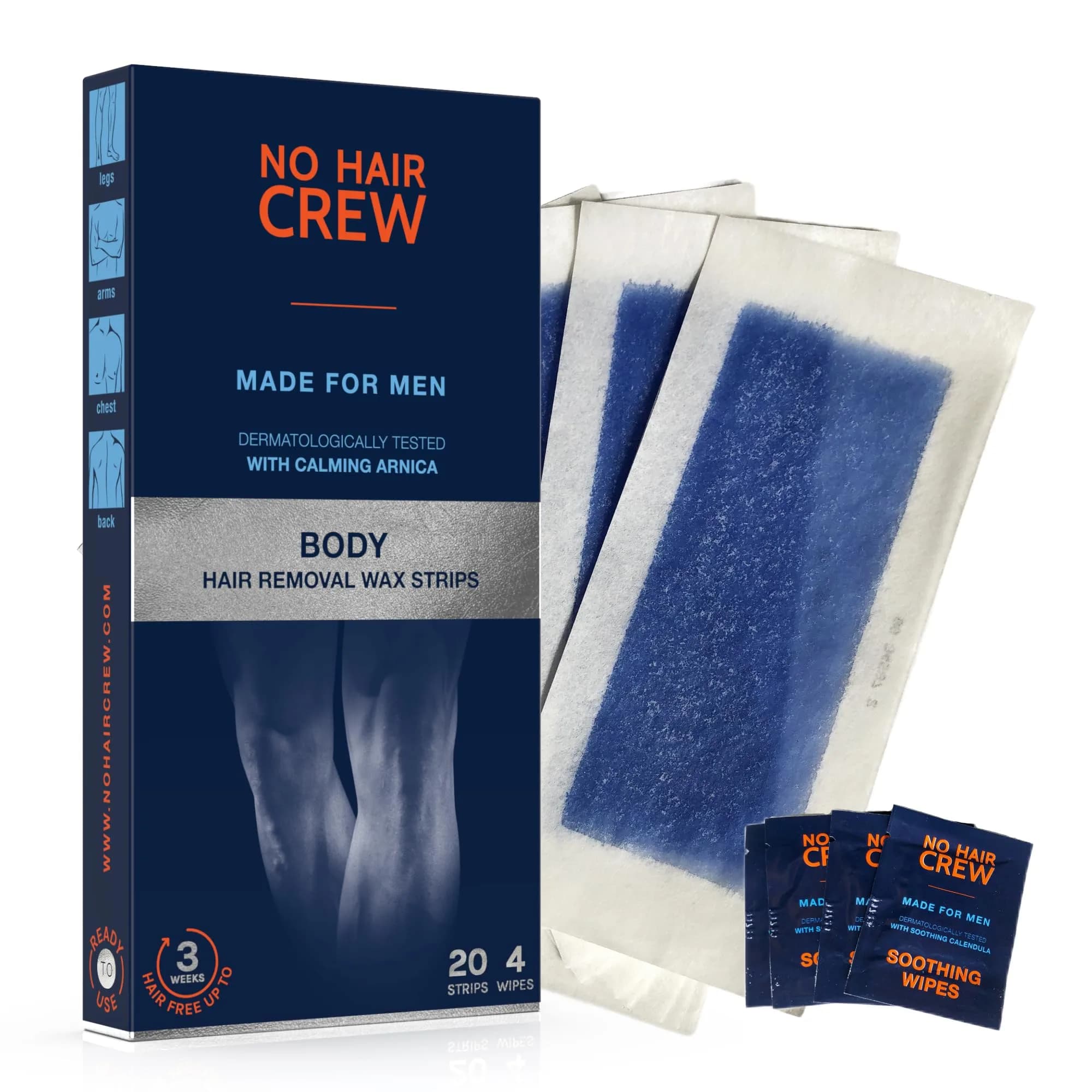 NO HAIR CREW Body Wax Strips – High Performance Wax Strips Made for Men, 20 strips & 4 soothing cleansing wipes | Long-lasting, effective hair removal