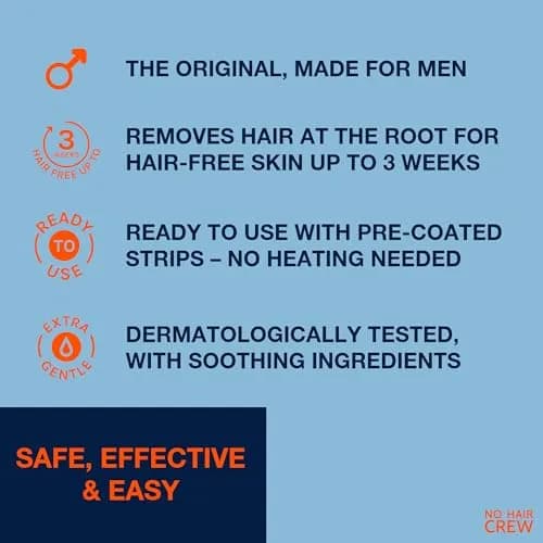 NO HAIR CREW Body Wax Strips – High Performance Wax Strips Made for Men, 20 strips & 4 soothing cleansing wipes | Long-lasting, effective hair removal thumbnail 2