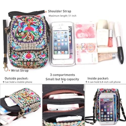 SILKAREA Embroidered Crossbody Bag for Women | Mini Handbag with Adjustable Strap (7.4 in) | Stylish Canvas Wallet thumbnail 7