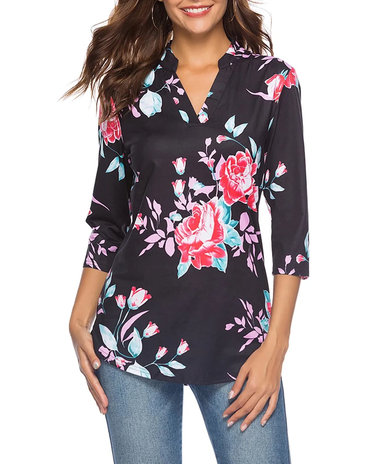 CEASIKERY Women's 3/4 Sleeve V Neck Tops Casual Tunic Blouse Loose Shirt Floral Black | Versatile, breathable rayon, stylish for work & casual (70-120 chars) - main product image