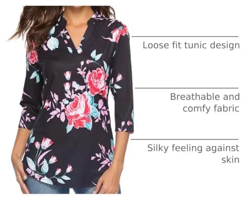 CEASIKERY Women's 3/4 Sleeve V Neck Tops Casual Tunic Blouse Loose Shirt Floral Black | Versatile, breathable rayon, stylish for work & casual (70-120 chars) thumbnail 4