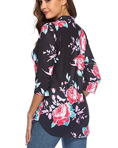 CEASIKERY Women's 3/4 Sleeve V Neck Tops Casual Tunic Blouse Loose Shirt Floral Black | Versatile, breathable rayon, stylish for work & casual (70-120 chars) thumbnail 5