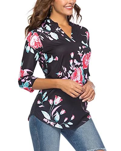 CEASIKERY Women's 3/4 Sleeve V Neck Tops Casual Tunic Blouse Loose Shirt Floral Black | Versatile, breathable rayon, stylish for work & casual (70-120 chars) thumbnail 2