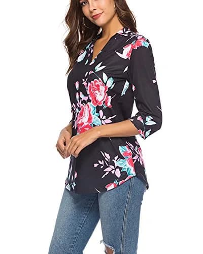 CEASIKERY Women's 3/4 Sleeve V Neck Tops Casual Tunic Blouse Loose Shirt Floral Black | Versatile, breathable rayon, stylish for work & casual (70-120 chars) thumbnail 3