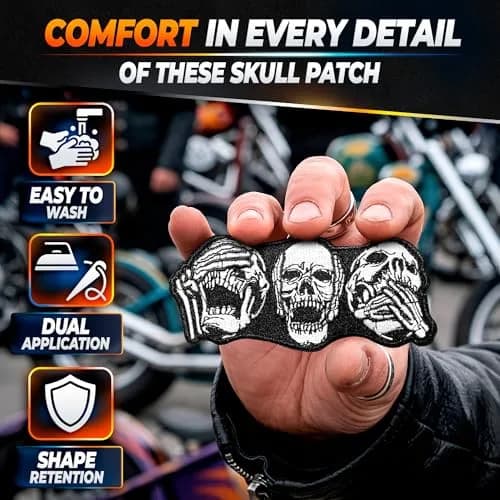 Reluen Skull Biker Patches for Vests, 8.99 x 4 cm (3.54 x 1.57 in) | Iron-On & Sew-On Embroidered Polyester Cotton thumbnail 4