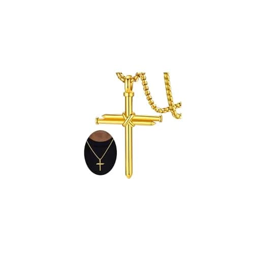 FaithHeart Nail Cross Necklace for Men, Gold Cross Pendant 54mm x 35mm | Stainless Steel Christian Jewelry — Nail Cross-Gold