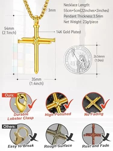 FaithHeart Nail Cross Necklace for Men, Gold Cross Pendant 54mm x 35mm | Stainless Steel Christian Jewelry thumbnail 6